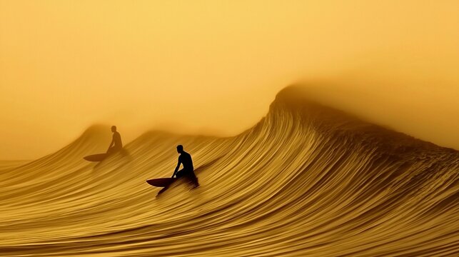 Two surfers silhouetted against a golden sunset wave.