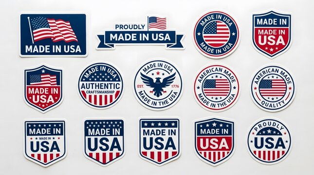 Collection of vintage style made in usa badges and labels with american flag
