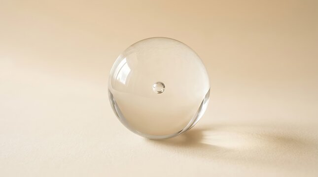 Clear glass sphere with a small bubble inside on a light beige background, transparent