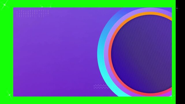 Purple banner frame with concentric colorful circles on the right side set against a bright green outer border with scattered glowing dots.