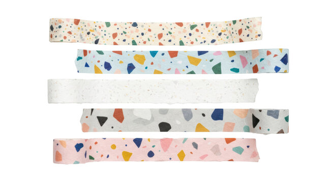 Five strips of colorful terrazzo patterned washi tape isolated on white isolated on transparent background