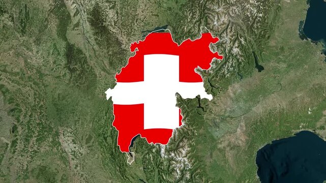 Switzerland Map with Swiss Flag Zoom Animation on Satellite View, 4K