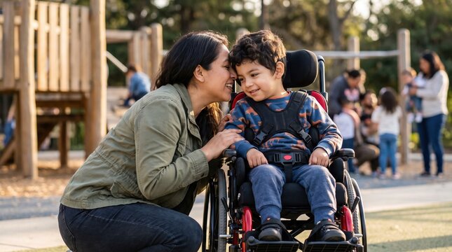 Mother kneels beside smiling boy in wheelchair at playground, whispering to him. Caregiver helps child with disability.