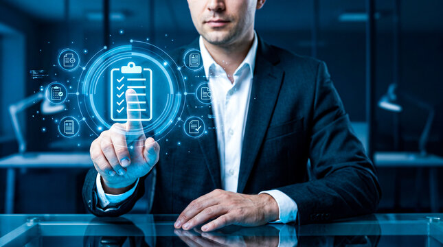 Businessman interacting with a digital interface showing a checklist, representing business process management and compliance
