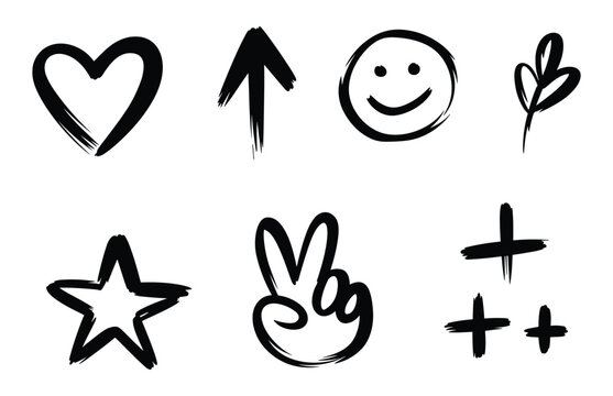 Set of hand-drawn black ink featuring a heart, arrow, smiley face, leaf, star, peace sign, and plus symbols on a white background