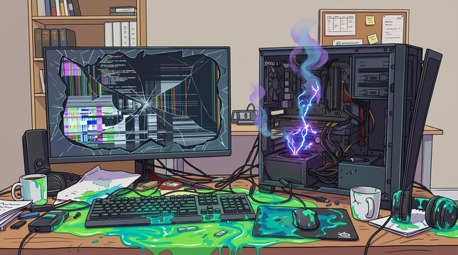 Broken computer setup with glowing magical energy leaking from the damaged PC case on a messy desk.