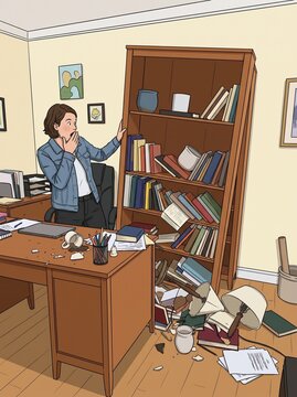 A shocked woman standing in her office as a heavy wooden bookshelf tips over.