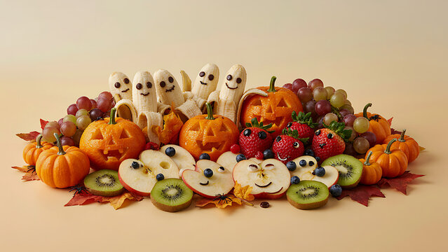 Spooky healthy Halloween fruit board featuring carved orange jack-o-lanterns and banana ghosts resting on autumn foliage created with generative AI.