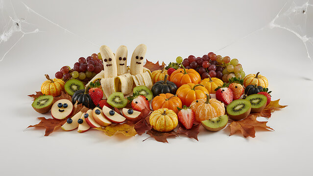 Wholesome Halloween fruit arrangement with banana ghosts, citrus pumpkins, and sliced apples resting on dry autumn leaves created with generative AI.