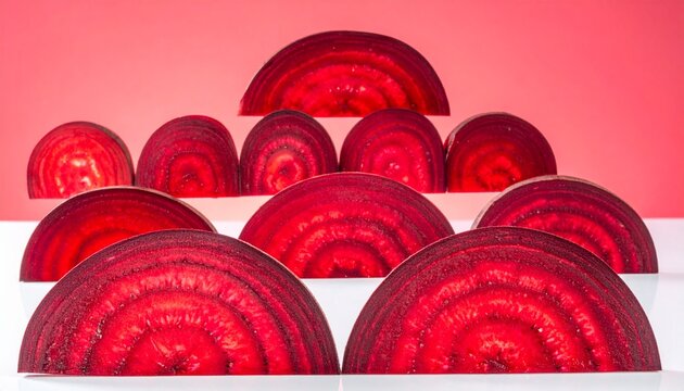 Fresh organic beetroot slices arranged in a pattern on a white surface with sliced beets red vegetable organic food beetroot