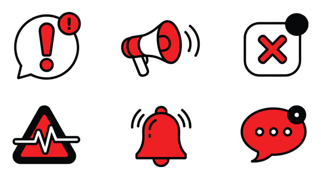 Set of six flat featuring notification symbols, including an exclamation mark, megaphone, cross, pulse, bell, and chat bubble in red, white, and black colors