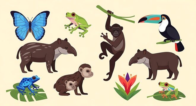 Jungle animals and tropical wildlife set illustration with wildlife, butterfly
