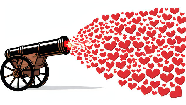 Black cannon shooting many red hearts for Valentines Day illustration