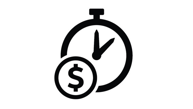 Minimalist vector illustration featuring black clock and dollar sign icon representing efficient time management business concepts