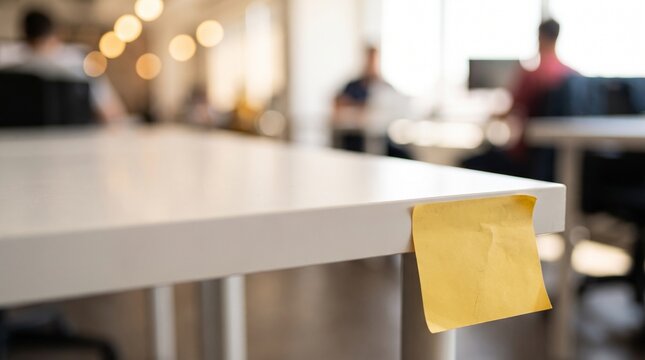 Blank yellow post-it note on a white desk corner with blurred busy office bokeh and large copy space
