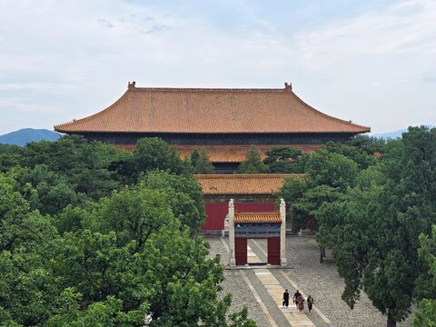 Grand imperial hall surrounded by trees at the Ming Tombs near Beijing