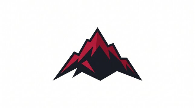 Mountain peak logo illustration, minimalist geometric alpine summit icon, dark red and black jagged rock formation, isolated on white background for branding