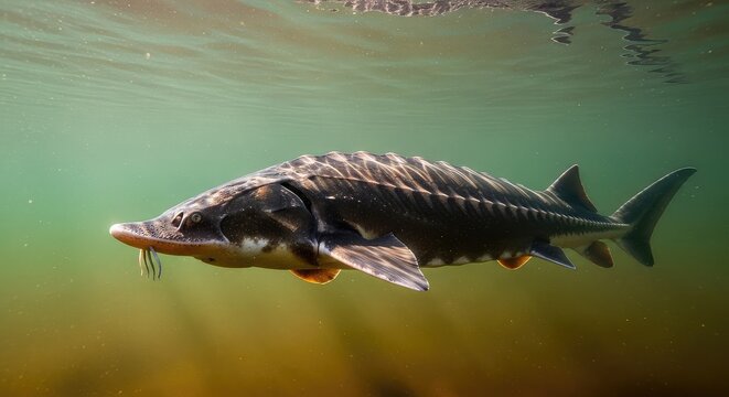 A large ancient sturgeon glides through the murky river water, its bony plates visible along its side while moving near the silty bottom, scale, stones, prehistoric