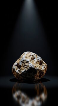 A large craggy boulder sits isolated on an obsidian background, with a singular intense spotlight casting deep shadows and stark highlights, object, gray, stark