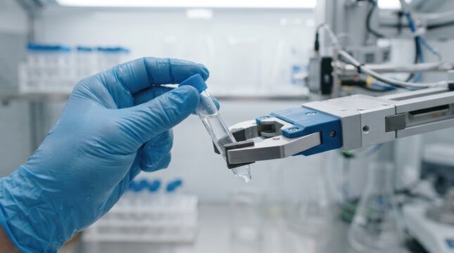 Gloved hand and robotic gripper exchanging a test tube in a laboratory with incubator shelves and glass beakers.