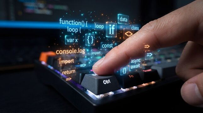 A close-up shot of a finger pressing a key on a mechanical keyboard with holographic programming code projections floating above it, illustrating advanced coding interaction.