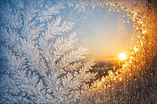 A frozen window with sunlight peeking through, perfect for winter or cold weather scenes
