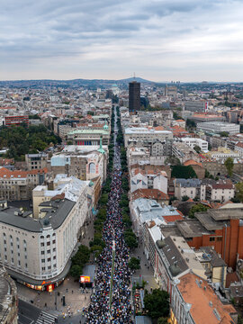 Aerial view of student electoral list supporters in Belgrade