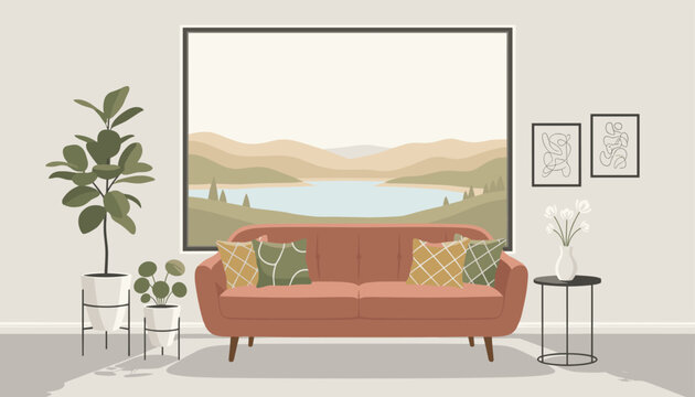 Elegant mid century modern living room interior featuring a terracotta sofa and a large scenic painting of mountain lake.