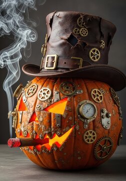 A rustic steampunk Halloween pumpkin wears a tattered top hat and smokes a thick cigar, adorned with brass gears and glowing orange eyes, antique, iron, vintage