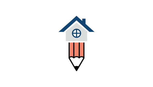 Creative concept logo showing a pencil transforming into a house with a chimney and window on a white background.