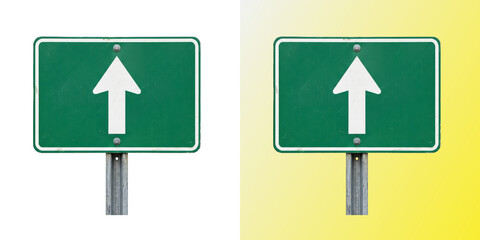 Green traffic sign with white straight arrow symbol and post © JKFeloxy