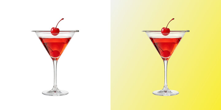 Red cocktail glass with maraschino cherry for beverage and nightlife concepts