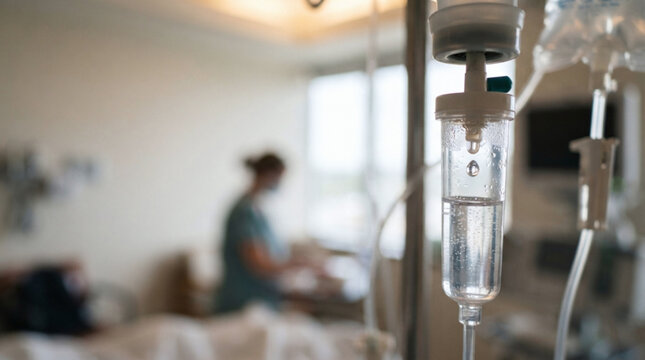 IV drip bag with saline solution hanging in medical facility with blurred healthcare worker in background