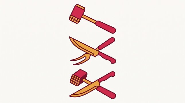 Butcher kitchen tools illustration set, meat tenderizer mallet and carving knife with fork, red and gold culinary equipment icons isolated on white background
