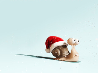 Cute Snail wearing Santa's hat in a hurry. Christmas is coming concept on blue background with copy space. 3D Rendering, 3D Illustration © hd3dsh