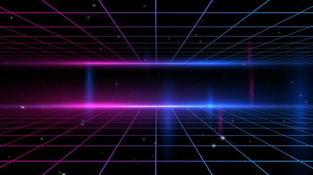 Neon grid lines create a retro futuristic synthwave horizon with pink and blue glowing lights against a dark star-filled background.