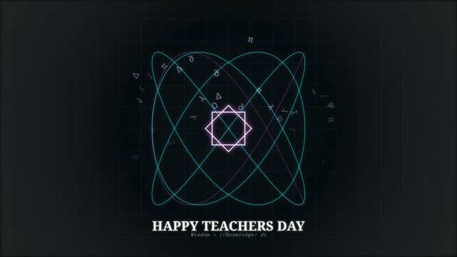 Digital graphic representation of atomic structure with glowing orbitals and hexagon in the center for Teachers Day celebration