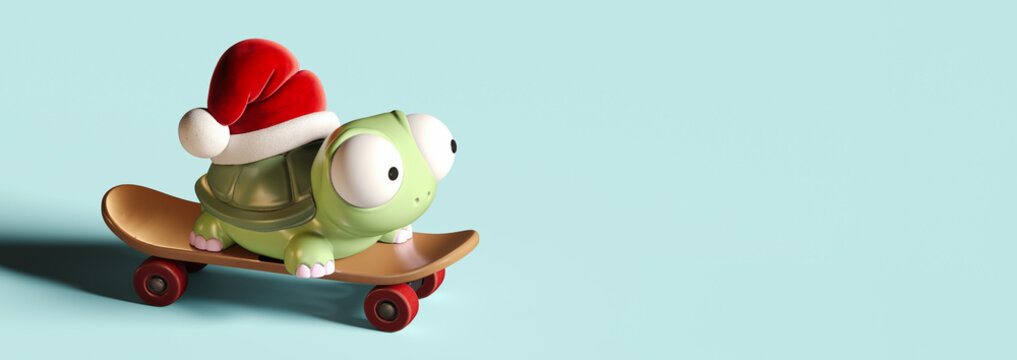 Christmas is coming on blue background with copy space. Cute turtle wearing Santa's hat on a skateboard. 3D Rendering, 3D Illustration