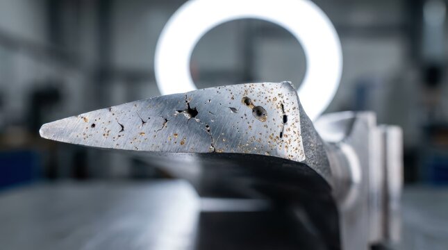 Macro closeup of a fractured turbine blade cross-section showing porosity pockets and defect detectability under inspection lighting