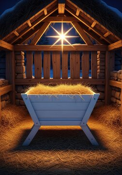 A wooden manger filled with soft golden hay sits inside an old rustic stable under a bright shining star during a peaceful winter night, peace, radiant, animals