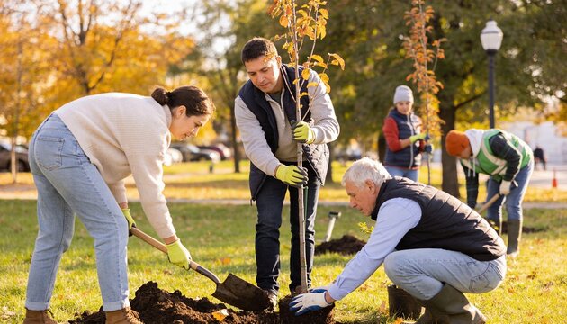 Group of volunteers planting a young tree in a public park during autumn, community teamwork for environmental conservation and sustainability projects in nature