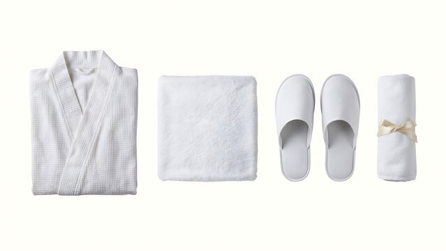High level top down studio view of white spa bathrobe towel and slippers collection