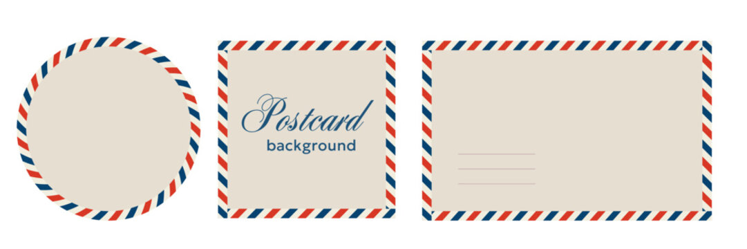 Postcard frame with decorative airmail striped pattern ornament. Travel envelope background. Holiday paper mail frame. Message card template. Vector illustration