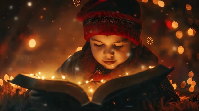 A child in a red hat is reading a magical glowing book surrounded by Christmas lights, creating a festive and enchanting atmosphere. The warm light and sparkle evoke a sense of wonder and imagination.