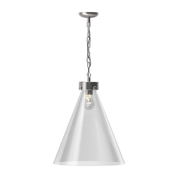 Modern glass pendant light fixture with a metallic chain suspension isolated on white background