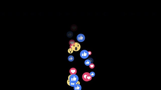 Stream of Facebook reactions, like, heart, wow and care emojis rising from one single point and vanishing shortly, HD black screen chroma key animation for live streaming edits today