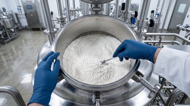 premium pharmaceutical factory photo, overhead close-up of gloved hands inspecting a stainless steel pharmaceutical mixing vessel containing generic dry formulation ingredients
