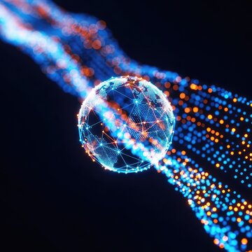 Dynamic digital backdrop with glowing blue and orange particles flowing in motion, representing advanced innovation and global networking, sparkles, pattern, movement