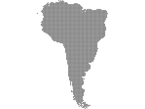 Dotted map silhouette of the continent of south america, showing its political territory