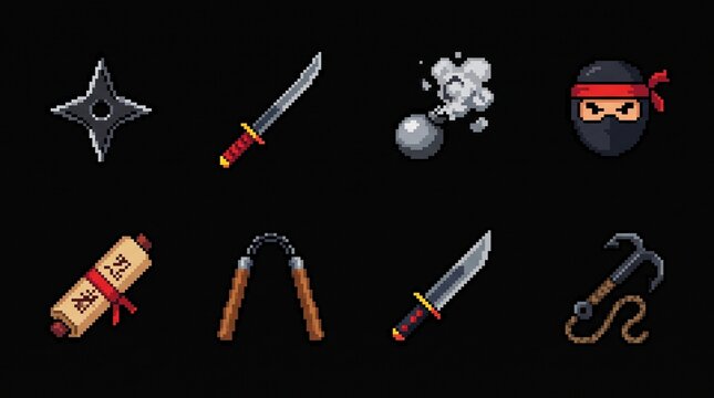 Pixel Art Ninja Warrior Icon Set Retro 8 Bit Combat Vector Bundle